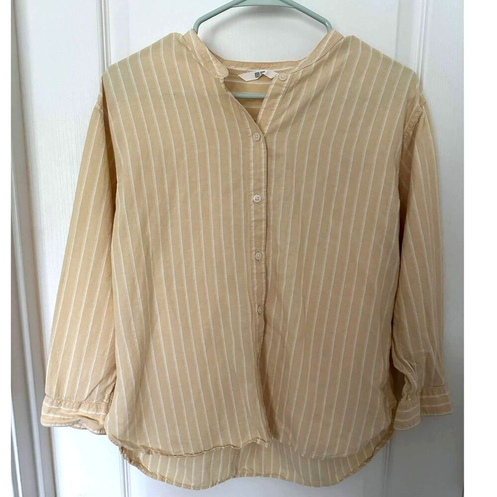 UNIQLO Linen Blend Striped Blouse Beige Band Collar Long Sleeve Women's Small - Picture 2 of 7
